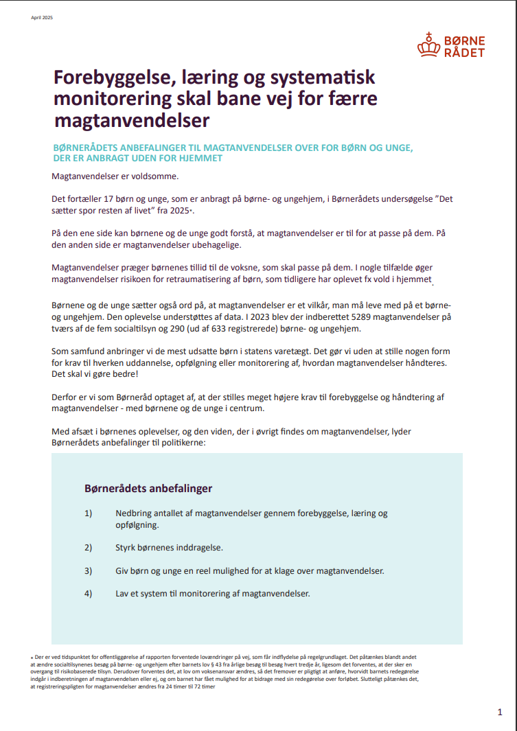 PDF-forside af Børnerådets anbefalinger til magtanvendelser